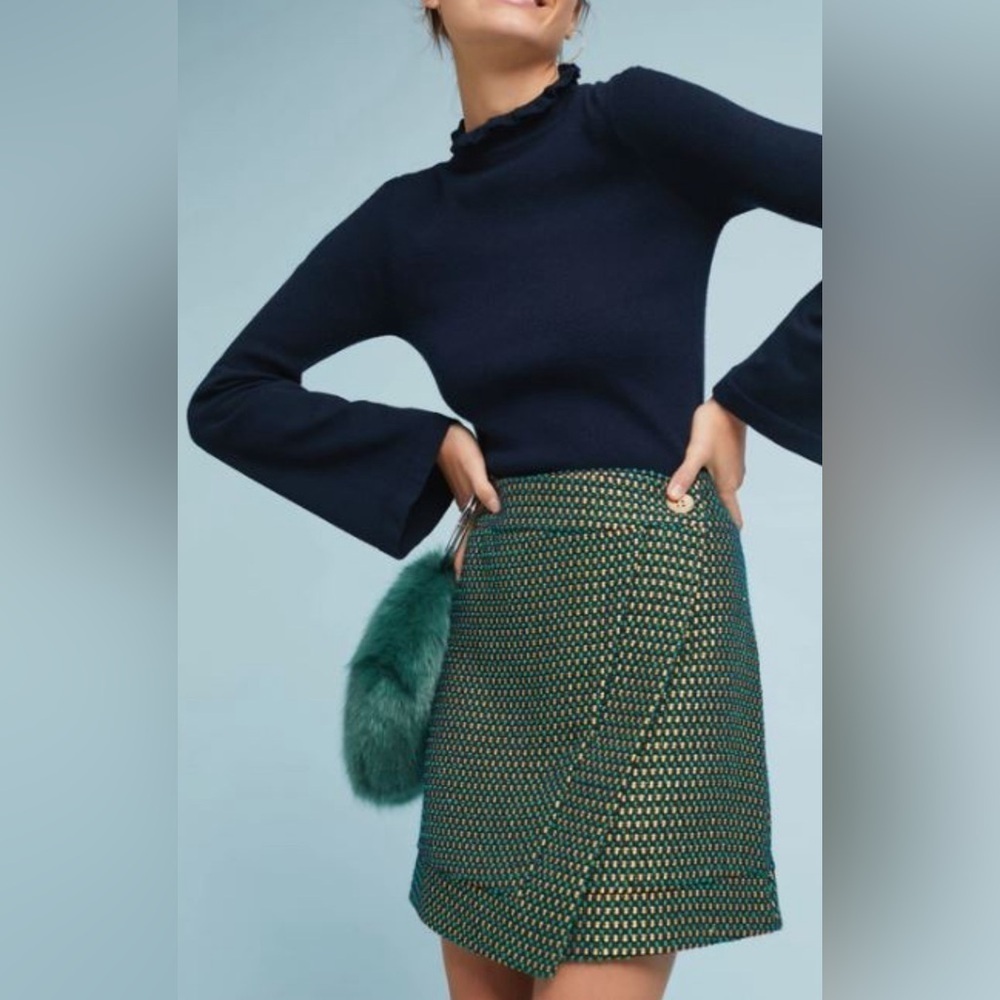NWT 12 Eva Franco Fern Dot Tweed Faux-Wrap Skirt Green Navy Gold Easy Throw On